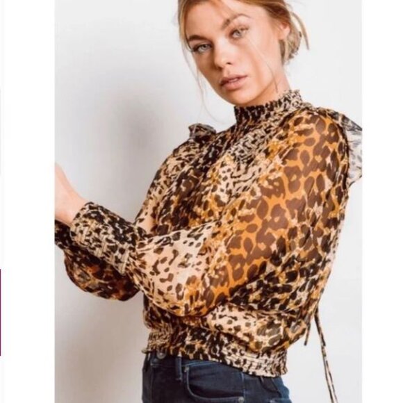 Free People Roma Cheetah Leopard Print Top Smocked Mock Neck Sheer Western Boho - Picture 3 of 14